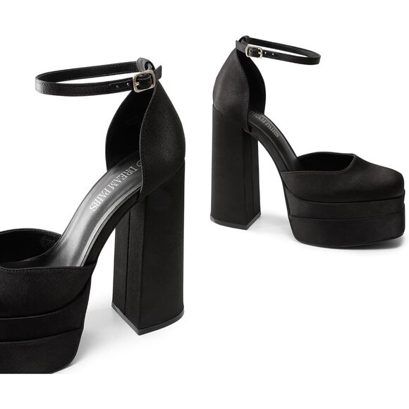 Dream Pairs Women Black-satin Faux Leather Closed Toe Chunky High Heels Platform - Picture 5 of 9